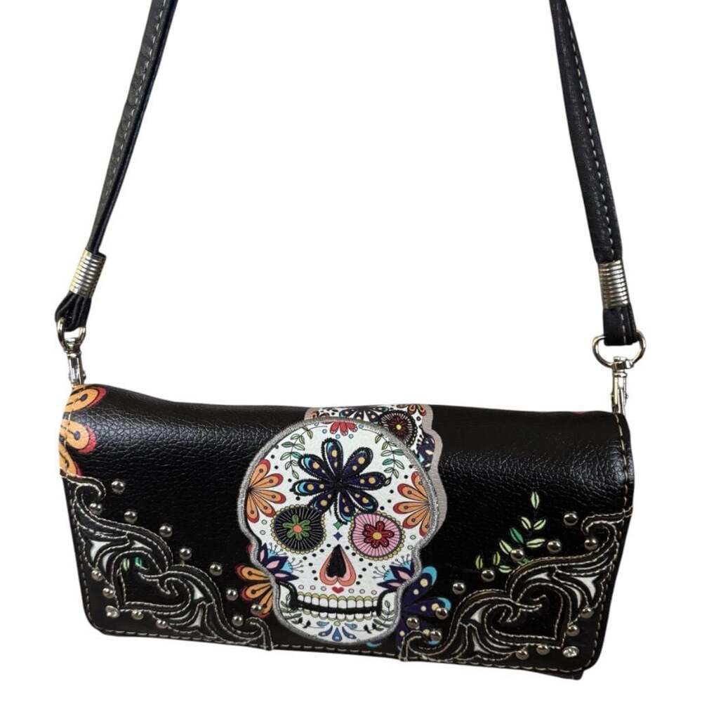 Western Style Sugar Skull Floral Crossbody Clutch Wallet with Studs